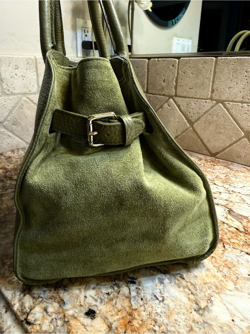 Anna Paola Classic Pebbled Leather Dome Satchel Travel Olive Made In Italy NE - Picture 3 of 11